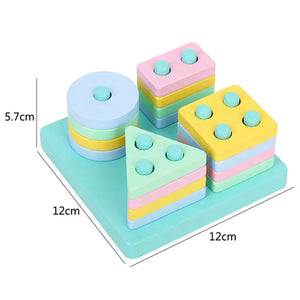 Colorful geometric blocks with measurements on a white background