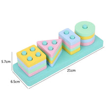 Load image into Gallery viewer, Colorful geometric shape blocks on a white background with measurements.