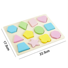 Load image into Gallery viewer, Colorful shape sorting toy with dimensions on a white background