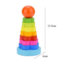 Load image into Gallery viewer, Colorful stacking toy with dimensions on a white background