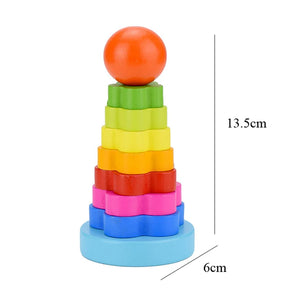 Colorful stacking toy with dimensions on a white background