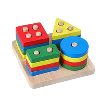 Load image into Gallery viewer, Colorful wooden geometric shape sorting toy on a white background