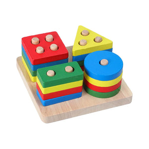 Colorful wooden geometric shape sorting toy on a white background