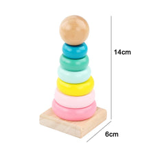 Load image into Gallery viewer, Colorful wooden stacking rings with dimensions on a white background