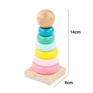 Colorful wooden stacking rings with dimensions on a white background