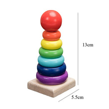 Load image into Gallery viewer, Colorful wooden stacking toy with dimensions on a white background