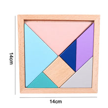 Load image into Gallery viewer, Colorful wooden tangram puzzle with dimensions on a white background