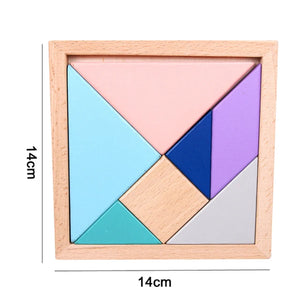 Colorful wooden tangram puzzle with dimensions on a white background