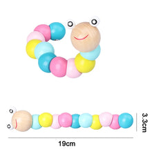 Load image into Gallery viewer, Colorful wooden teething toy shaped like a caterpillar with measurements on a white background