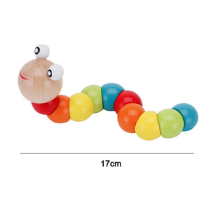 Colorful wooden toy caterpillar with a measurement label on a white background