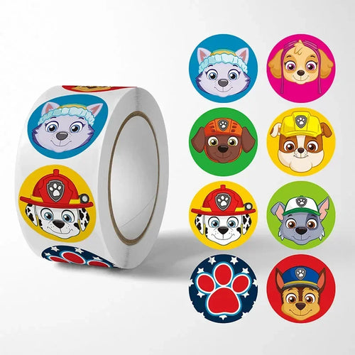 Roll of stickers with cartoon dog characters on a white background
