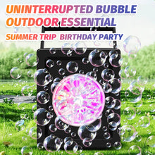 Load image into Gallery viewer, Bubble machine with bubbles on a grassy background, text about summer activities.