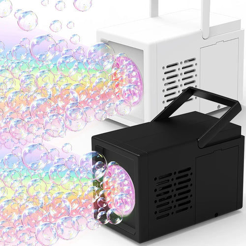 Black bubble machine with colorful bubbles on a white background