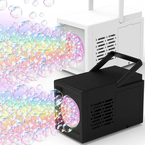 Black bubble machine with colorful bubbles on a white background