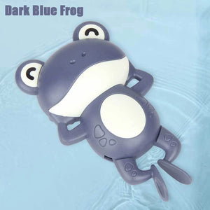Dark blue frog-shaped toy on a light blue background