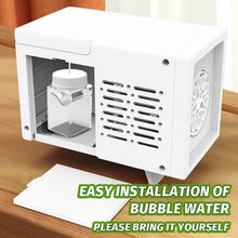 Load image into Gallery viewer, White electronic device with a fan on a wooden surface, featuring text about bubble water installation.