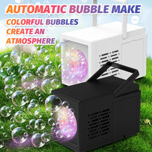 Load image into Gallery viewer, Automatic bubble maker with colorful bubbles on a grassy background