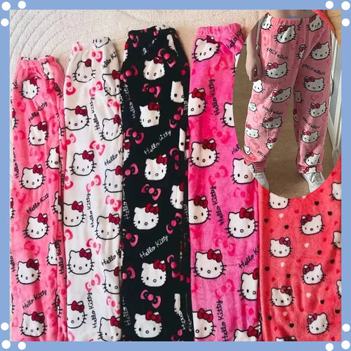 Set of Hello Kitty pajama pants in various patterns on a white background.