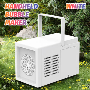 Handheld bubble maker with a handle on a grassy background