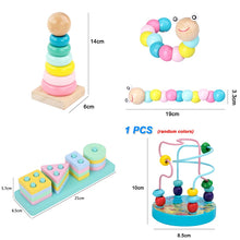 Load image into Gallery viewer, Set of colorful wooden toys with measurements on a white background