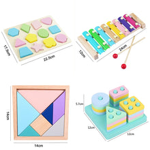 Load image into Gallery viewer, Set of wooden toys including a shape sorter, xylophone, and stacking blocks with measurements.