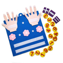 Load image into Gallery viewer, Children&#39;s craft project with paper hands, flowers, and number stickers on a blue background