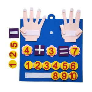 Educational children's board with number and equality symbols, featuring cut-out hand shapes.