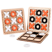 Wooden tic-tac-toe game set with red, black, and white markers on a white background