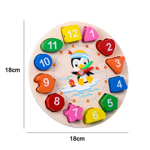 Wooden educational clock with colorful numbers and shapes, featuring a penguin illustration.