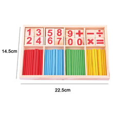 Load image into Gallery viewer, Wooden math educational set with numbers and operations symbols in a box, showing dimensions.