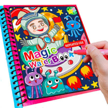 Load image into Gallery viewer, A child&#39;s reusable coloring book with a space-themed cover featuring an astronaut and colorful planets, and a hand holding a pink water pen.