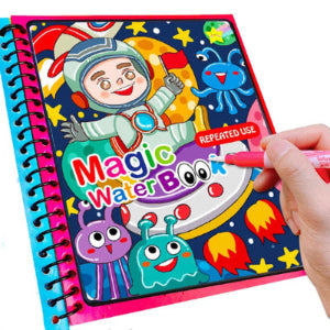 A child's reusable coloring book with a space-themed cover featuring an astronaut and colorful planets, and a hand holding a pink water pen.